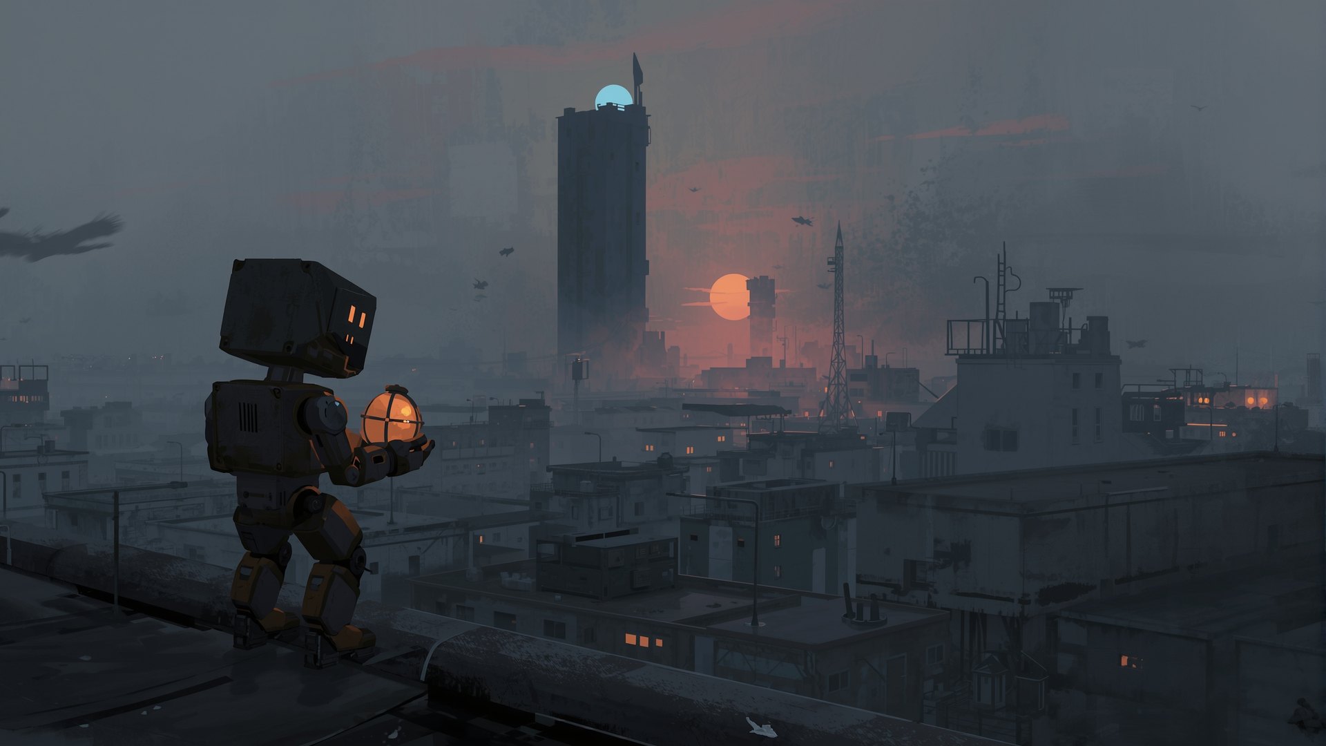 ELI, un pequeño robot de carga, sostiene una cápsula naranja en una azotea; al fondo, la torre azul de MADRE sobre una ciudad muerta al atardecer.